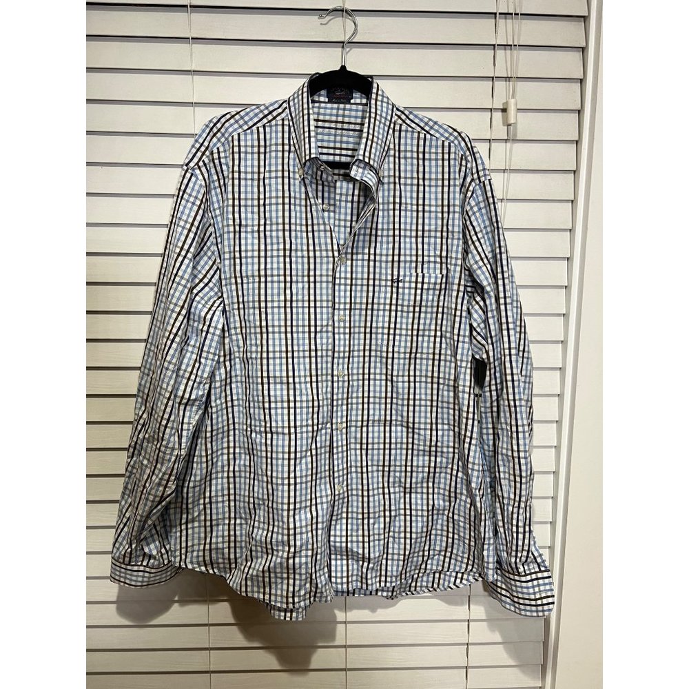 Paul & Shark Yachting Silver Collection Mens Blue Check Button Down‎ Shirt 44 XL